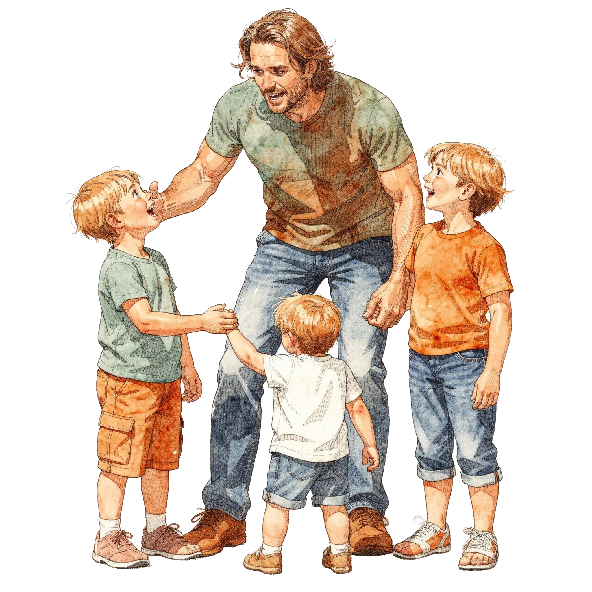 Ein starker und glücklicher Vater spielt mit seinen Kindern