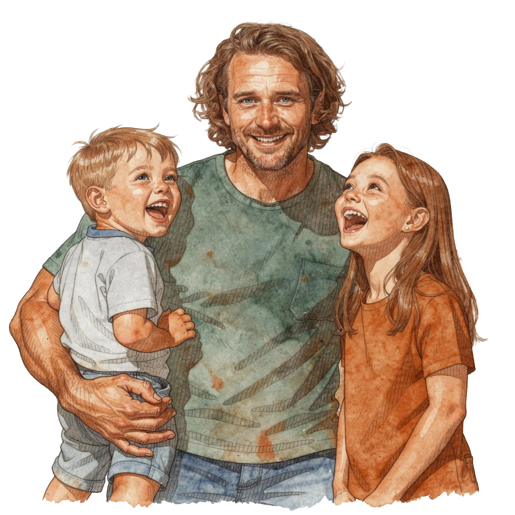 Ein glücklicher Vater kann nach einem StrongDaddy Mentoring wieder ausgelassen mit seinen Kindern spielen