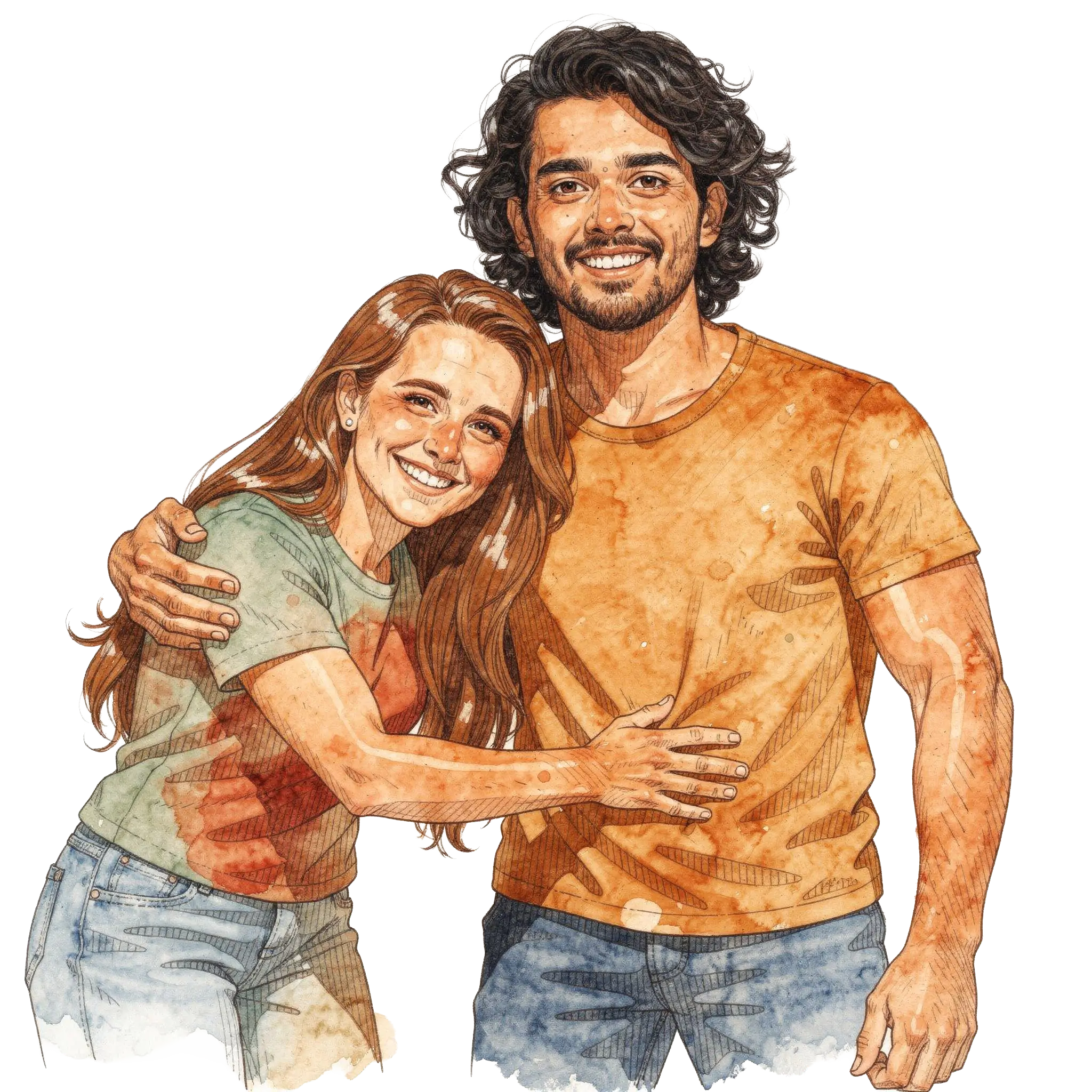 Ein starker Vater legt seinen Arm schützend um seine glückliche Partnerin