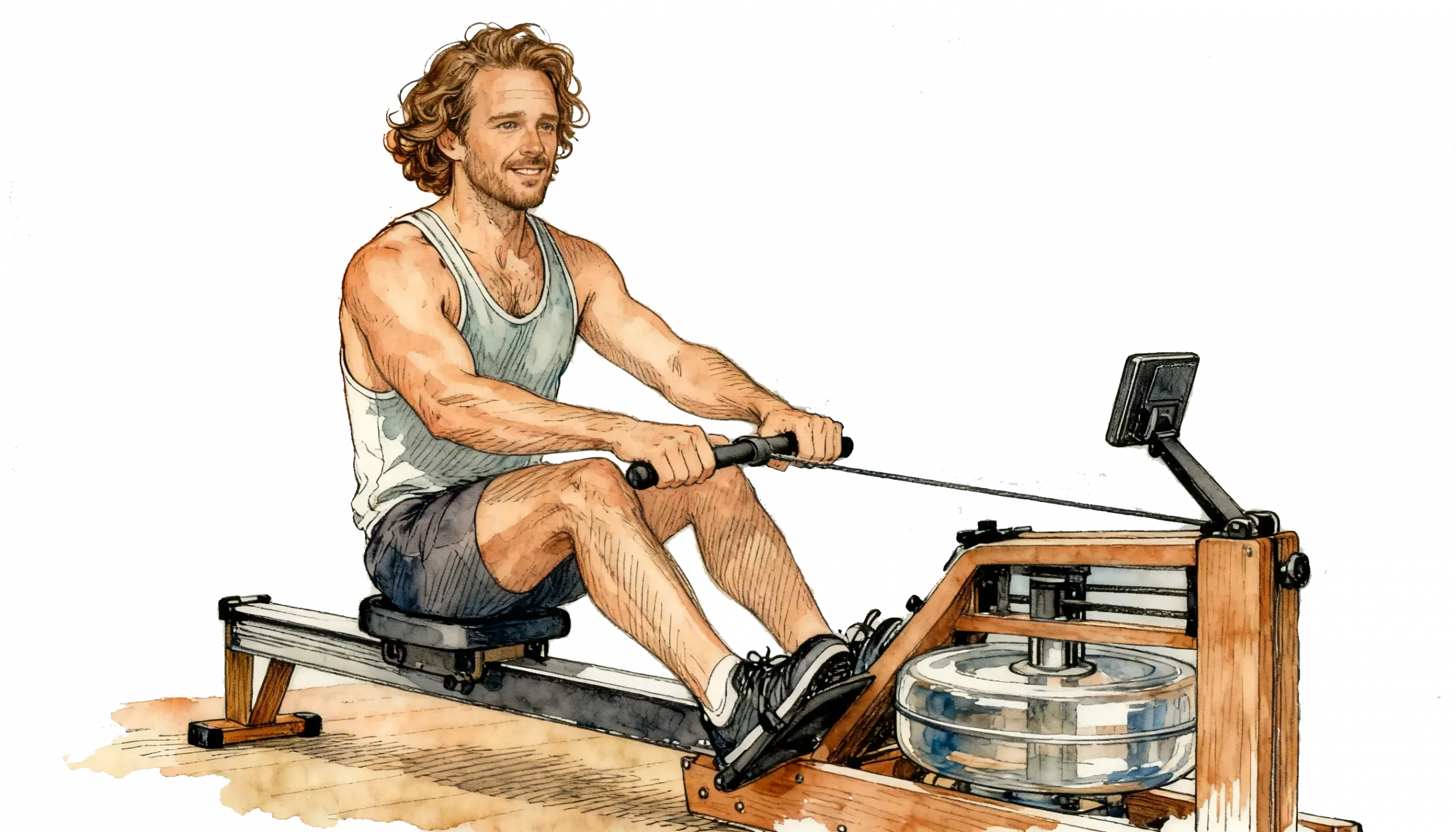 Ein Vater trainiert auf einem Rudergerät und hält sich so fit