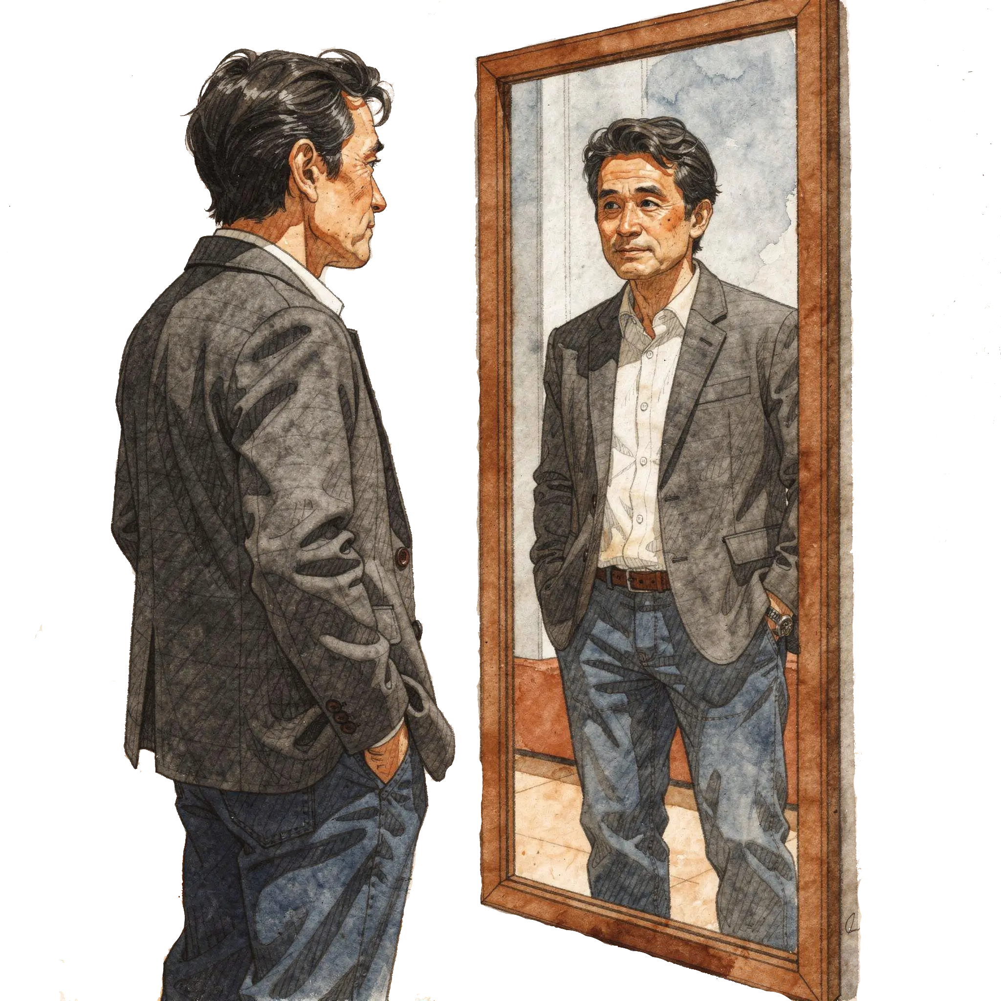 Ein Vater betrachtet sich selbst im Spiegelbild und realisiert das er für sein eigenes Erleben selbst verantwortlich ist